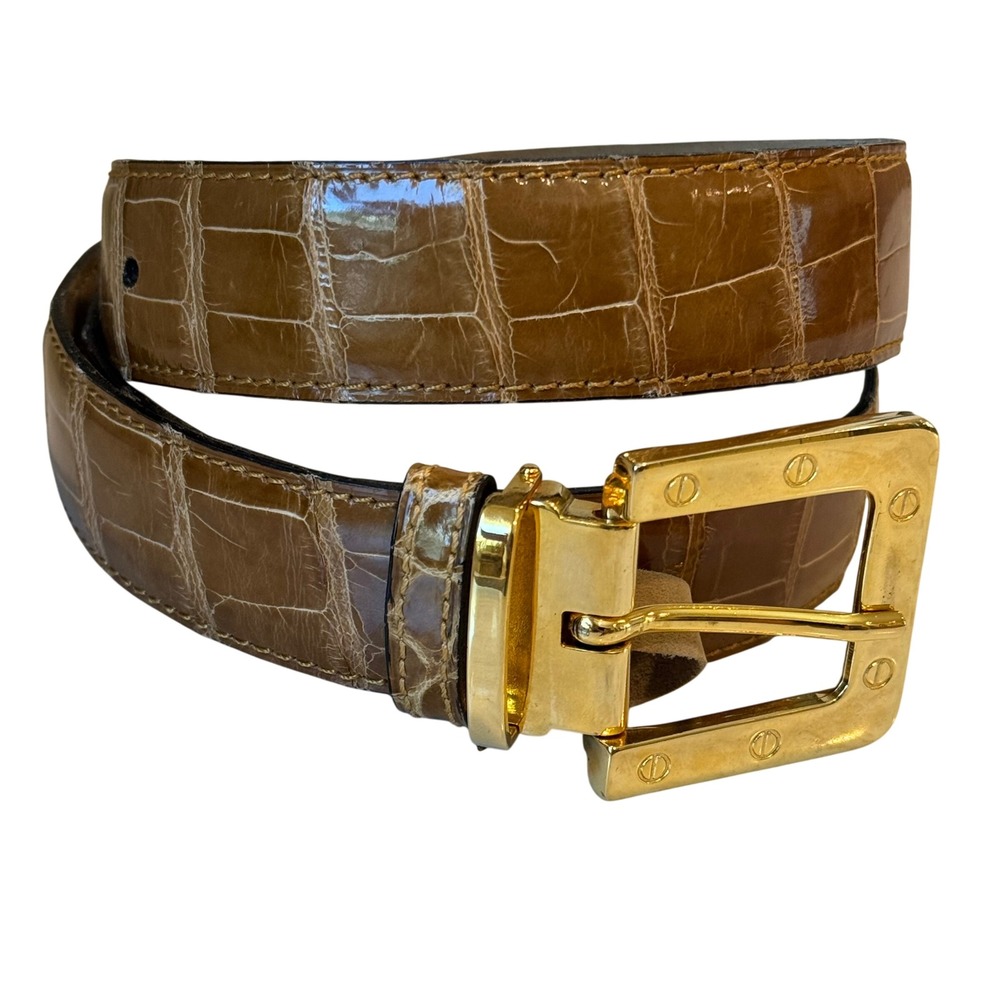 Alligator Veritable Leather Belt Unisex 32 - 34" Cognac Brown Gold Buckle France